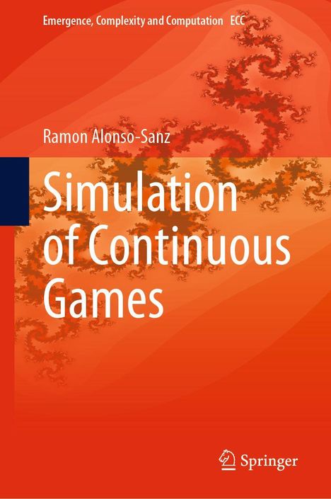„Simulation of Continuous Games“ von Ramon Alonso-Sanz, oranger Hintergrund mit fraktalem Muster. Springer-Logo.