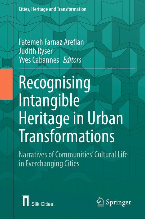 Titel: "Recognising Intangible Heritage in Urban Transformations". Grüner geometrischer Hintergrund.