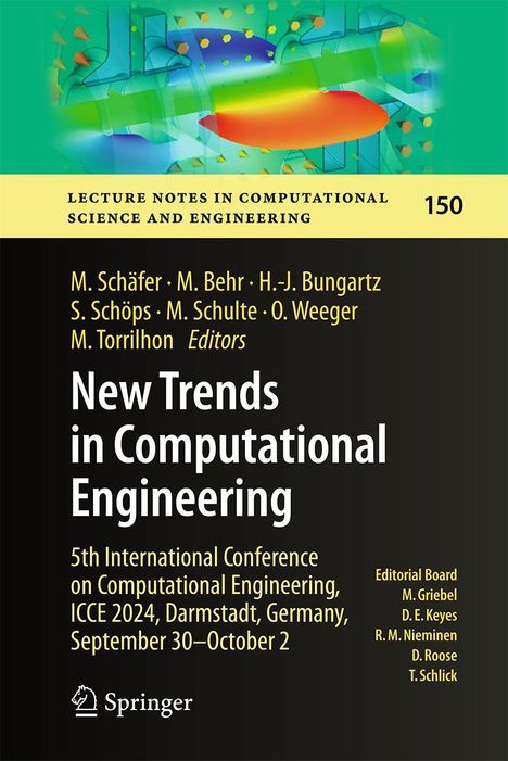"New Trends in Computational Engineering" Buchcover, Konferenzdetails, Autorenliste. Bunte technische Illustration oben.