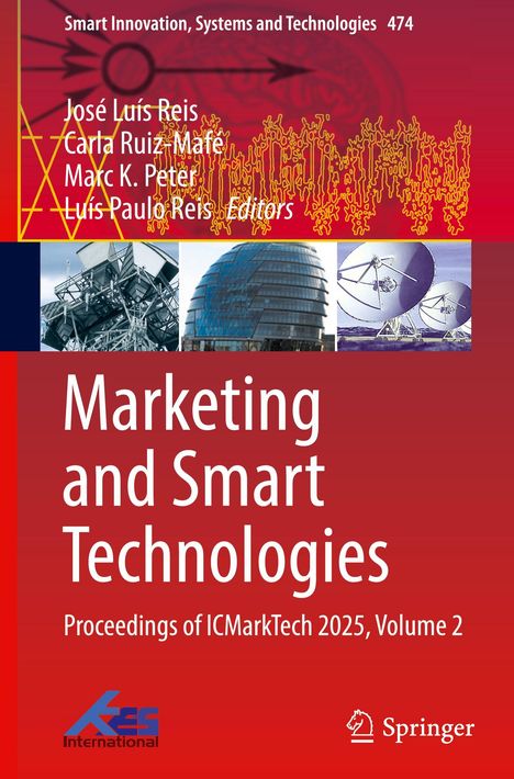 Buchumschlag mit den Namen der Herausgeber, Titel "Marketing and Smart Technologies". Bunte, technische Illustrationen.