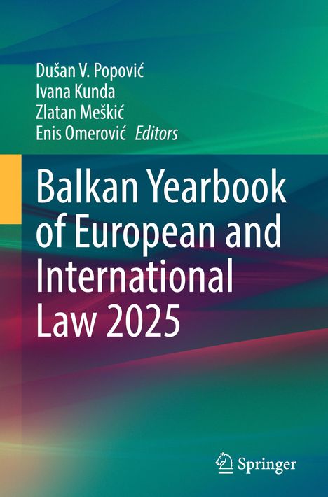 "Balkan Yearbook of European and International Law 2025" von Popović et al. auf grün-blauem Hintergrund. Logo unten rechts.