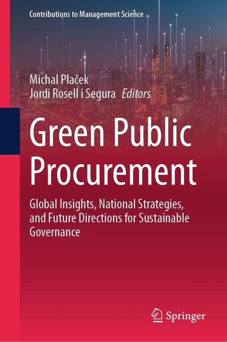 Titel: Green Public Procurement. Autoren: Michal Plaček, Jordi Rosell i Segura. Stadtansicht mit leuchtenden Linien.