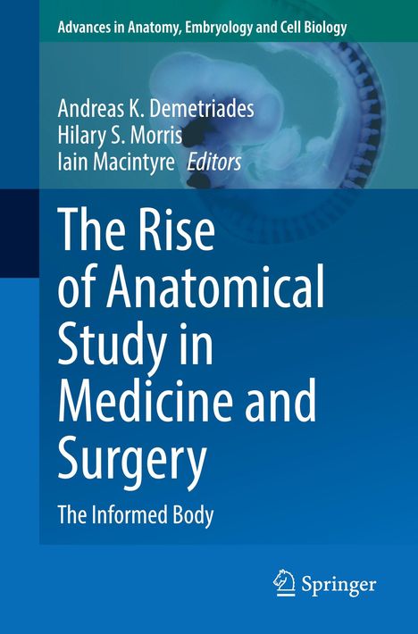 Text: "The Rise of Anatomical Study in Medicine and Surgery. The Informed Body." Wissenschaftlich gestaltet mit Wirbelsäule.