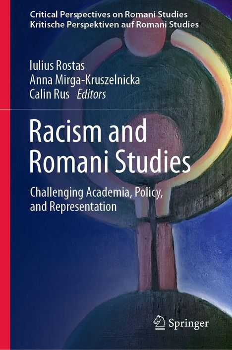 Text: "Racism and Romani Studies, Challenging Academia, Policy, and Representation." Abstrakte Illustration mit Springer-Logo.