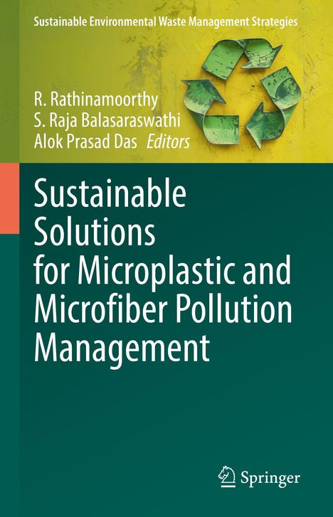 Text: "Sustainable Solutions for Microplastic and Microfiber Pollution Management." Oben ein grünes Recycling-Symbol.