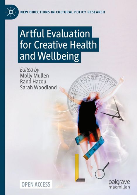 "Artful Evaluation for Creative Health and Wellbeing." Collage mit Tänzerin, Winkelmesser, Lineal und Lupe.