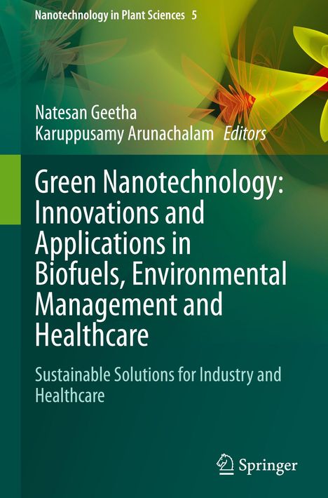 "Green Nanotechnology: Innovations and Applications" Buchcover, grüne abstrakte Formen, Springer Logo.