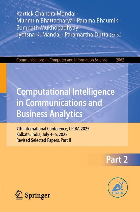 Text: „Computational Intelligence in Communications and Business Analytics“, Part 2. Bläulich-gelbes Design mit Logo.