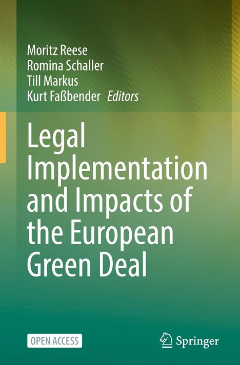 "Legal Implementation and Impacts of the European Green Deal", Autoren genannt. Grün-Töne, Logo unten rechts.