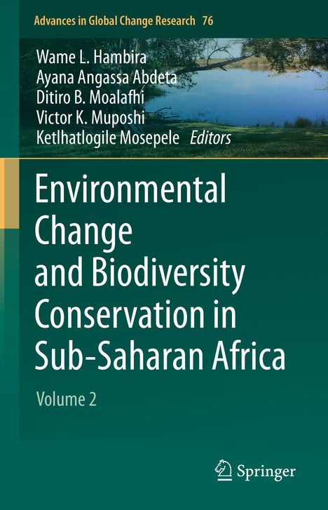 Text: "Environmental Change and Biodiversity Conservation in Sub-Saharan Africa". Oben ein Naturfoto eines Sees.
