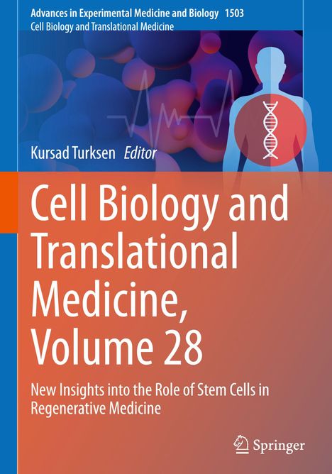"Cell Biology and Translational Medicine, Volume 28" steht auf einem Buchcover mit einem DNA-Strang und Zellbildern.