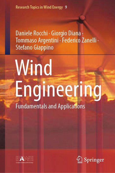 „Research Topics in Wind Energy 9“. Buchautoren: Daniele Rocchi u.a. Titel: „Wind Engineering“. Hintergrund: Windräder bei Sonnenuntergang.