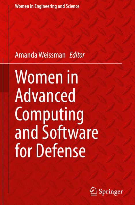 Frauen in fortgeschrittener Informatik für Verteidigung. Roter Hintergrund mit geometrischem Muster, Springer-Logo unten.