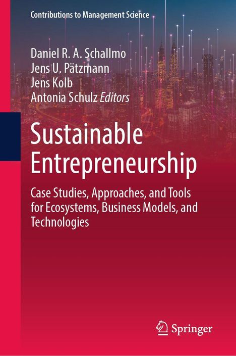 „Sustainable Entrepreneurship“, Buchcover mit Skyline und leuchtenden Linien im Hintergrund, Springer-Logo unten rechts.
