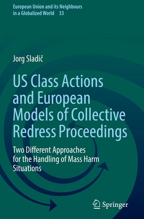"US Class Actions and European Models of Collective Redress Proceedings". Grün-blauer Hintergrund mit Pfeilmuster.