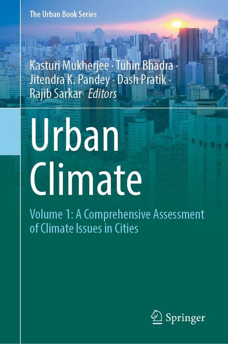 "Urban Climate: Volume 1" Buchcover, Text vor Skyline im Sonnenuntergang, Springer-Logo unten rechts.