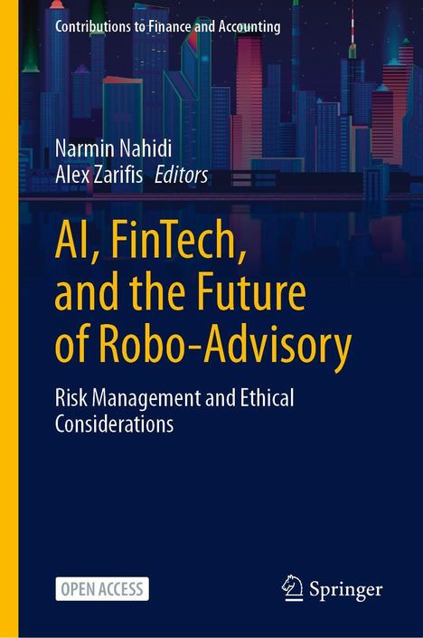 Titel: "AI, FinTech, and the Future of Robo-Advisory". Skyline bei Nacht. Autoren: Narmin Nahidi, Alex Zarifis.