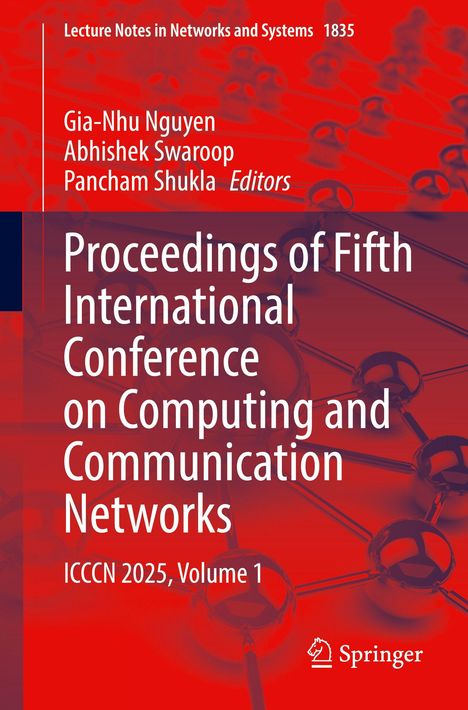 "Proceedings of Fifth International Conference on Computing and Communication Networks. Rotes Cover mit molekularer Struktur."