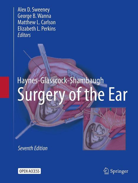"Haynes-Glasscock-Shambaugh Surgery of the Ear, Seventh Edition." Illustration eines Ohres auf blauem Hintergrund.