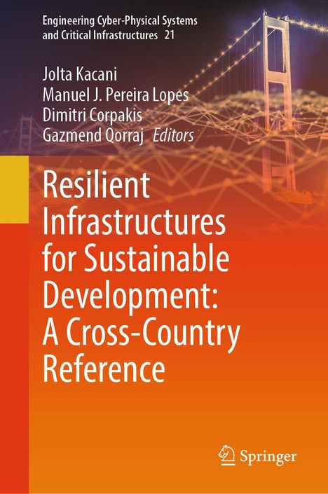 Cover-Text beschreibt Buch über widerstandsfähige Infrastrukturen; Autoren: Kacani, Lopes, Corpakis, Qorraj. Hintergrund: Brücke.
