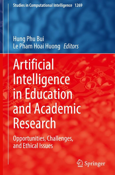 "Artificial Intelligence in Education and Academic Research" auf rotem Hintergrund, blau im oberen Bereich. Springer-Logo unten.