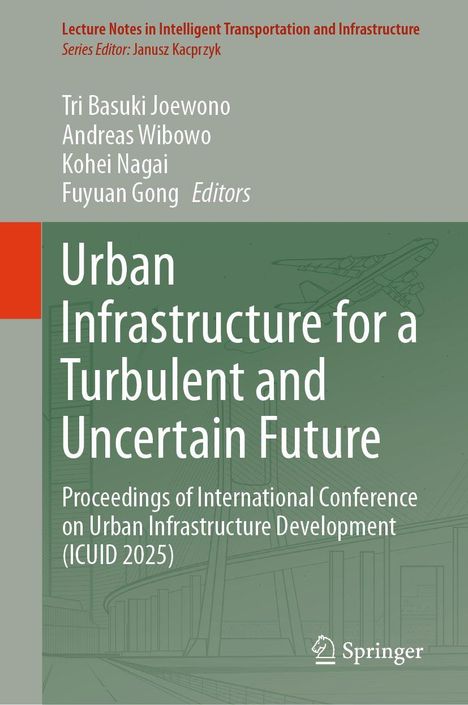 Text: "Urban Infrastructure for a Turbulent and Uncertain Future." Illustration: Konturen von Stadtgebäuden und ein Flugzeug.