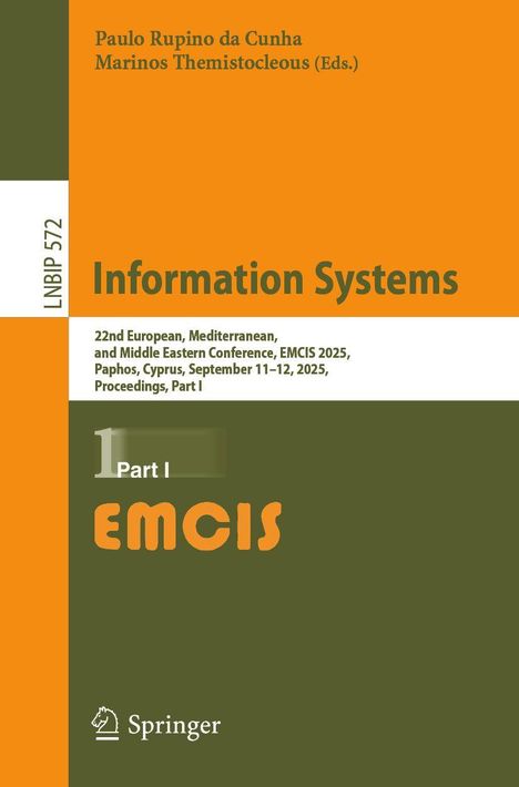 "Information Systems", EMCIS Konferenz, 2025, Zypern. Orange-olivfarbenes Design mit Springer-Logo unten.