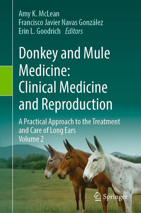 Text: "Donkey and Mule Medicine: Clinical Medicine and Reproduction." Drei Esel stehen auf einer Wiese. Springer-Logo.