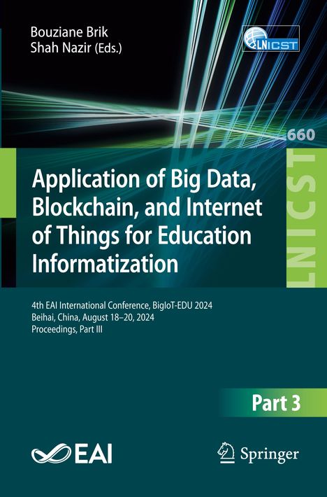 Buchcover mit Text: "Application of Big Data, Blockchain, and IoT for Education Informatization". Enthält grüne und blaue Grafiken.
