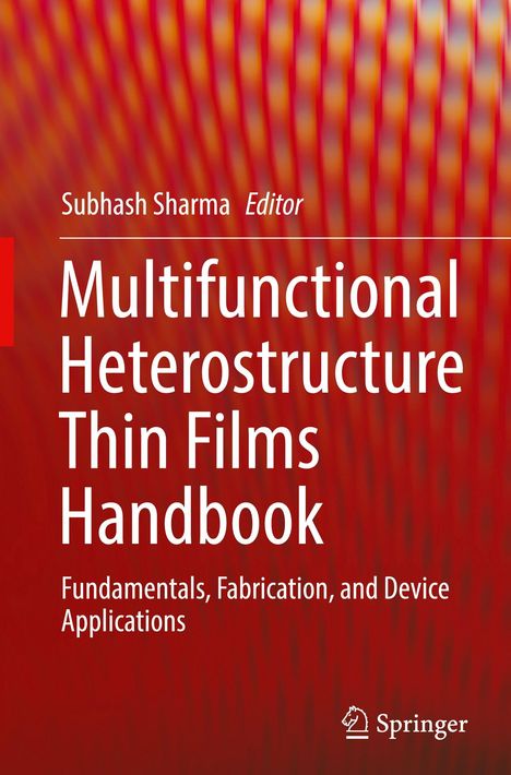 „Multifunctional Heterostructure Thin Films Handbook“. Rote, abstrakte, wellenartige Abbildung im Hintergrund. Springer-Logo.