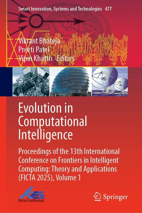 "Evolution in Computational Intelligence" steht oben in Weiß auf Rot, darunter Bilder von Gebäuden und Antennen. Springer-Logo unten rechts.