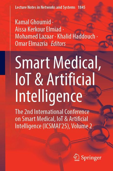 Text: Smart Medical, IoT & Artificial Intelligence. Rotes Cover, wissenschaftlich, mit Netzwerkstruktur und Springer-Logo.