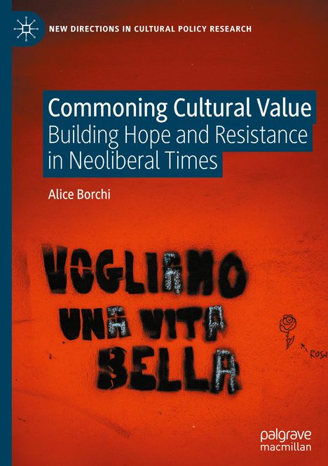 Text: "Commoning Cultural Value: Building Hope and Resistance in Neoliberal Times" von Alice Borchi. 
Graffiti auf rotem Hintergrund.