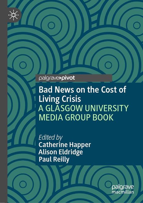 "Bad News on the Cost of Living Crisis" von Catherine Happer, Alison Eldridge, Paul Reilly. Grünes, geometrisches Muster.
