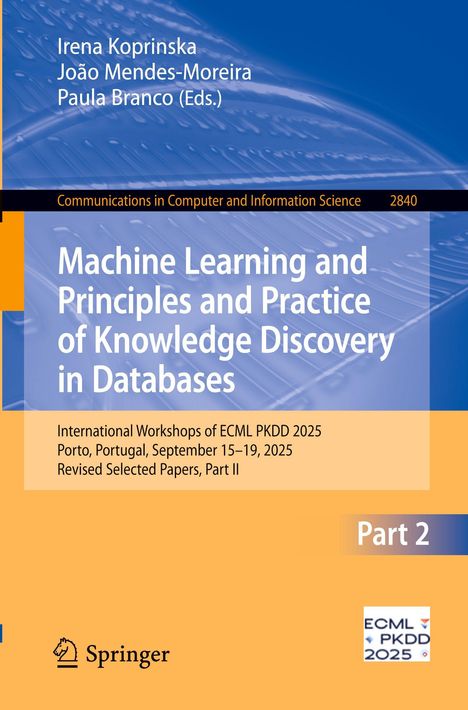 Titel: "Machine Learning and Principles of Knowledge Discovery in Databases". Gelbes und blaues Design mit Springer-Logo.