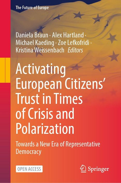 „Activating European Citizens’ Trust in Times of Crisis and Polarization“ in weißer Schrift vor einem Hintergrund mit EU-Sternen.
