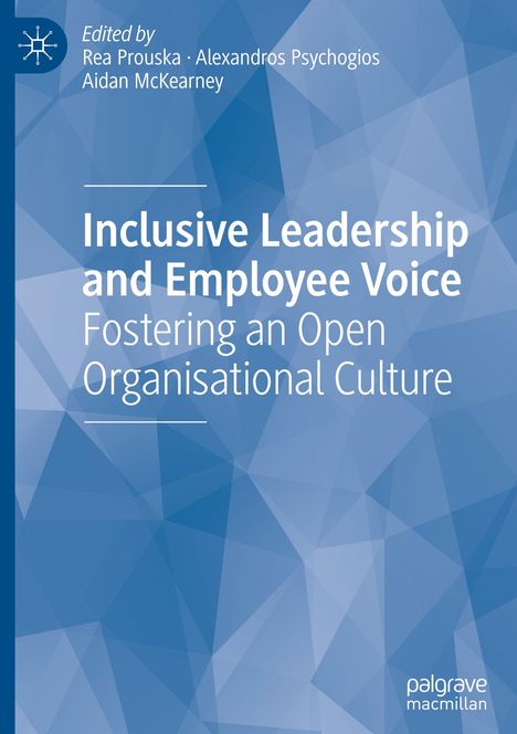 Buchtitel: "Inclusive Leadership and Employee Voice: Fostering an Open Organisational Culture". Blaue geometrische Muster.
