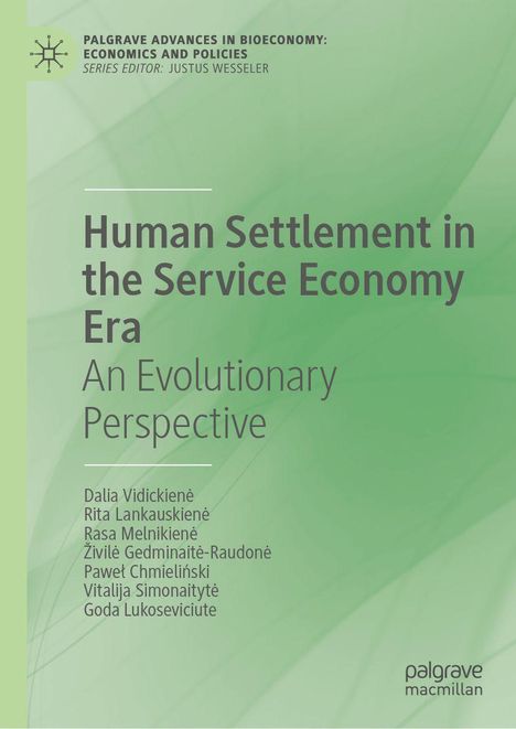Grüner Hintergrund, Text beschreibt ein Buch: "Human Settlement in the Service Economy Era: An Evolutionary Perspective", Autoren aufgelistet.