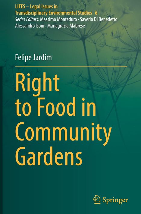 Titel: Right to Food in Community Gardens. Hintergrund: Silhouetten von Pflanzen. Springer-Logo unten rechts.