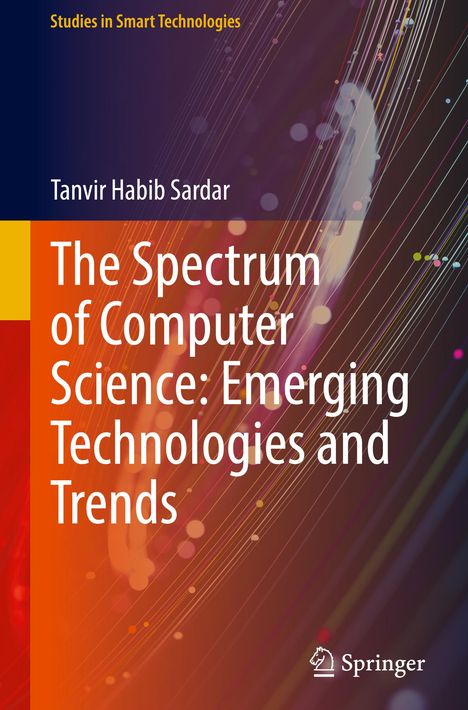 „The Spectrum of Computer Science: Emerging Technologies and Trends“, abstrakte Linien und Punkte auf farbigem Hintergrund.