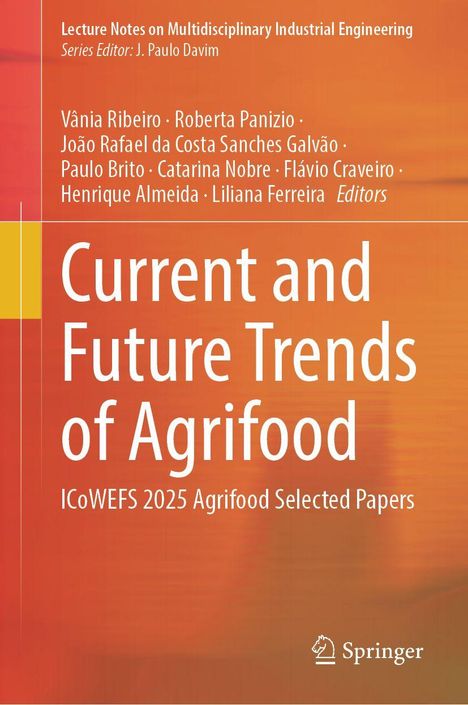 Text: "Current and Future Trends of Agrifood. ICoWEFS 2025 Agrifood Selected Papers."  
Unter einem abstrakten, orangefarbenen Hintergrund.