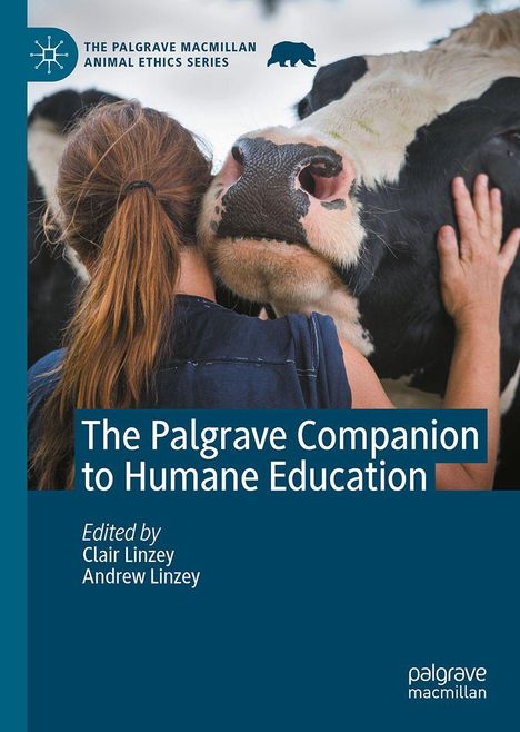 "The Palgrave Companion to Humane Education" steht in Weiß auf Blau. Eine Person umarmt eine Kuh.