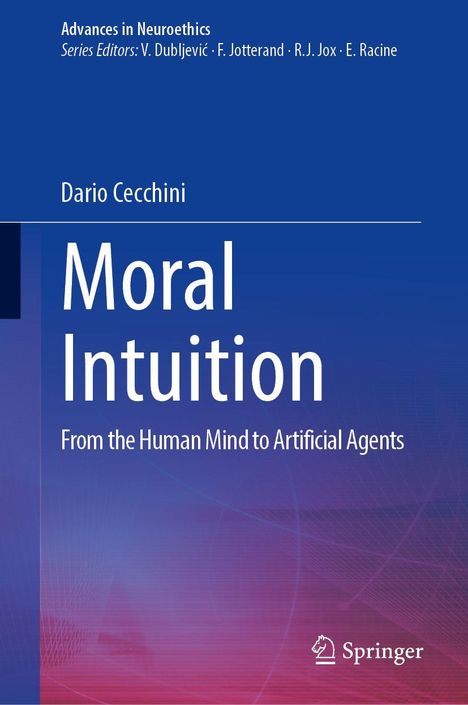 Titel: "Moral Intuition: From the Human Mind to Artificial Agents" von Dario Cecchini, blauer Hintergrund.