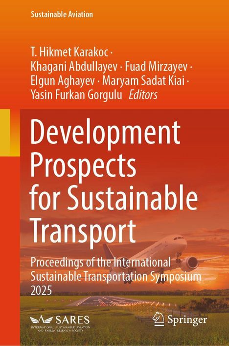 Titel: "Development Prospects for Sustainable Transport". Flugzeug fliegt über Landebahn bei Sonnenuntergang.
