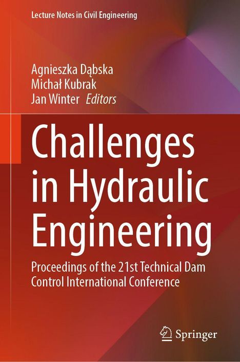 "Challenges in Hydraulic Engineering" von Agnieszka Dąbska und anderen, Springer-Logo unten rechts. Gradient in Rot- und Violetttönen.