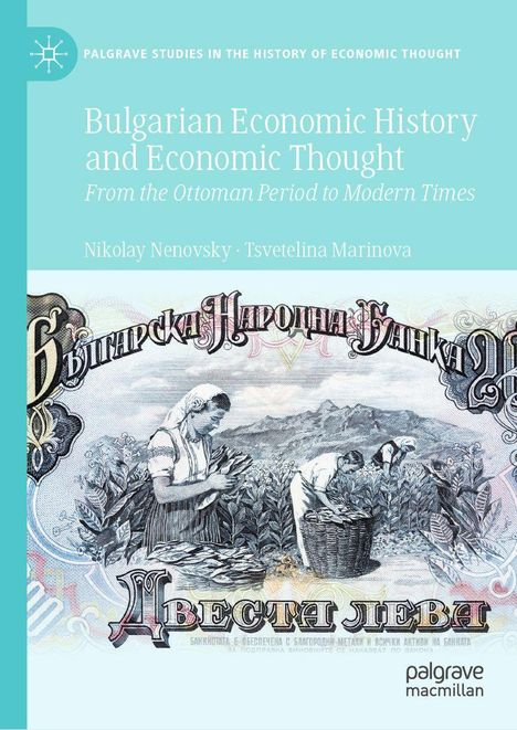 "Bulgarian Economic History and Economic Thought" oben. Zeichnung von Menschen bei der Feldarbeit unten.