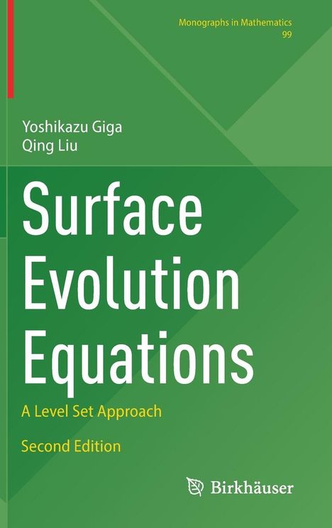 „Surface Evolution Equations“, Autoren: Yoshikazu Giga, Qing Liu. Grüner Hintergrund, wissenschaftliches Buchcover.