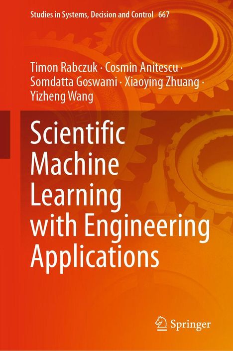 „Scientific Machine Learning with Engineering Applications“ vor orangefarbenem Hintergrund mit großen Zahnrädern.