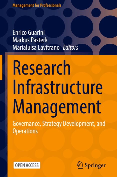 "Research Infrastructure Management: Governance, Strategy Development, and Operations", blaue Kreise, oranger Hintergrund.