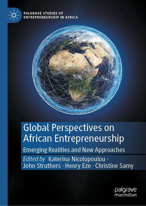 „Global Perspectives on African Entrepreneurship“, bearbeitet von Katerina Nicolopoulou et al. Globus mit Netzlinien.